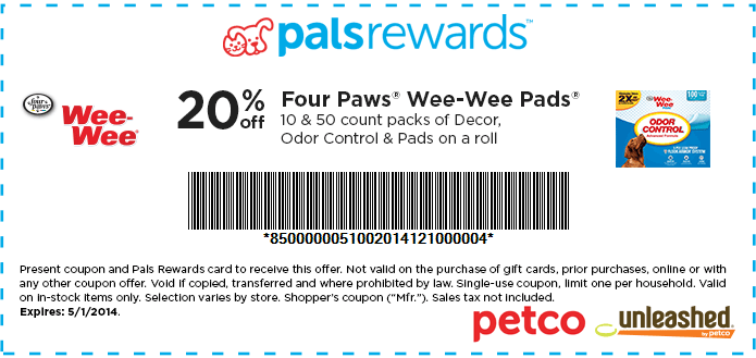 New Petco Printable Coupon 20 Off Four Paws Wee Wee Pads PennyWisePaws