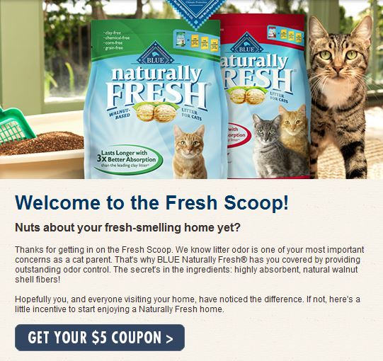Blue Naturally Fresh litter 5 printable coupon!! 49 cents at Petco